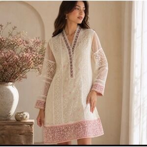Azure Ethereal Sheer Embroidered Kurta Dress Beaded Floral Cottagecore Boho Mini